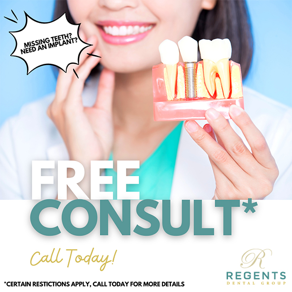 The image features a person holding up a toothbrush with dental implants attached, advertising free consultations for dental procedures.