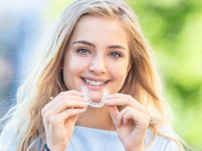 The image shows a smiling woman holding up a clear plastic aligner tray, with her teeth visible and a cheerful expression.