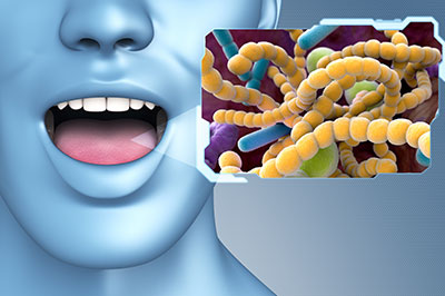 The image features a humanoid figure with an open mouth, displaying what appears to be a microscopic view of bacteria or viruses, which are highlighted in the foreground.