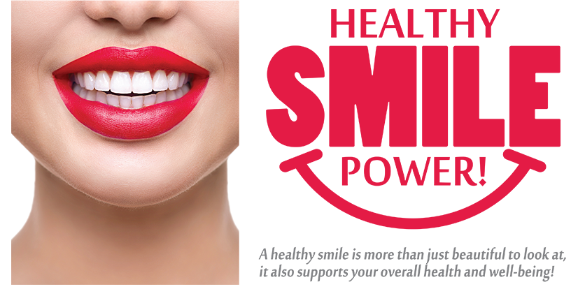 The image features a close-up of a person s face with bright red lipstick, and there is text overlaying the image that reads  HEALTHY SMILE POWER  along with other smaller text.